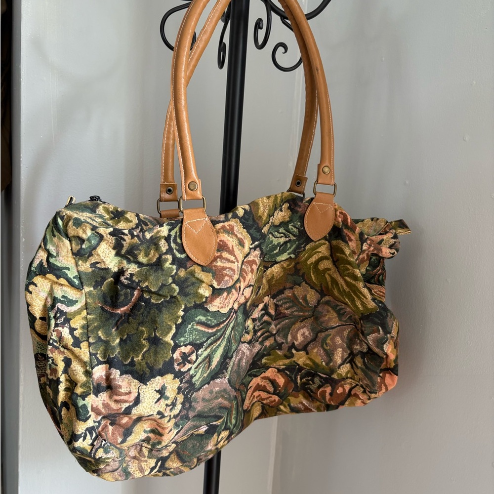 Floral Tapestry Tote Bag with Tan Handles